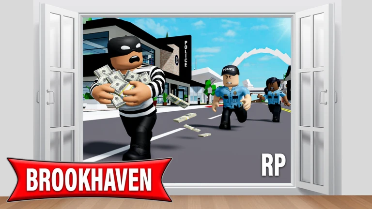 Official Brookhaven RP artwork: a Roblox avatar carrying cash runs from two police officers outside a police station