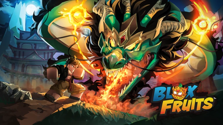 Official Blox Fruits artwork: a player fights a giant green dragon outside a pagoda at night, with the game's logo